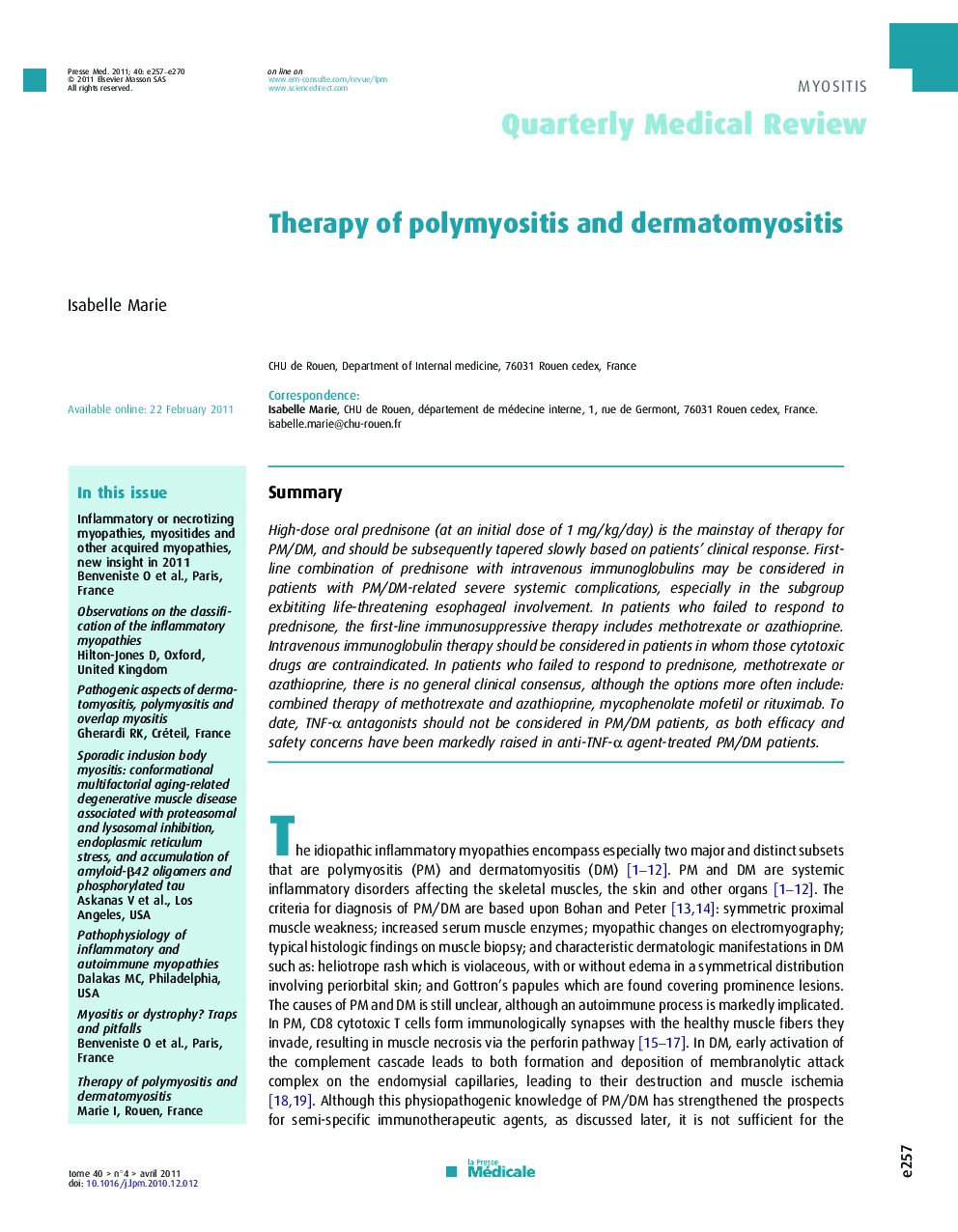 Therapy of polymyositis and dermatomyositis