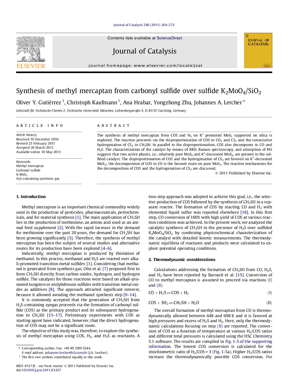 Synthesis of methyl mercaptan from carbonyl sulfide over sulfide K2MoO4/SiO2