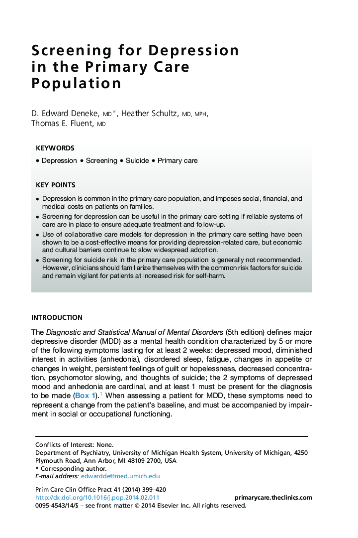 Screening for Depression in the Primary Care Population