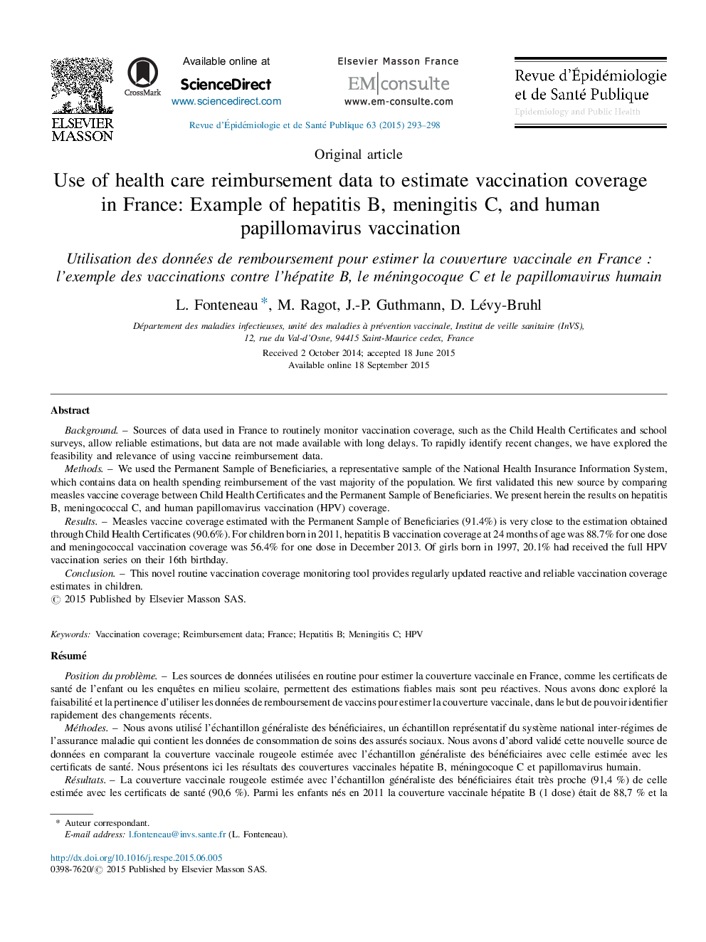 Use of health care reimbursement data to estimate vaccination coverage in France: Example of hepatitis B, meningitis C, and human papillomavirus vaccination