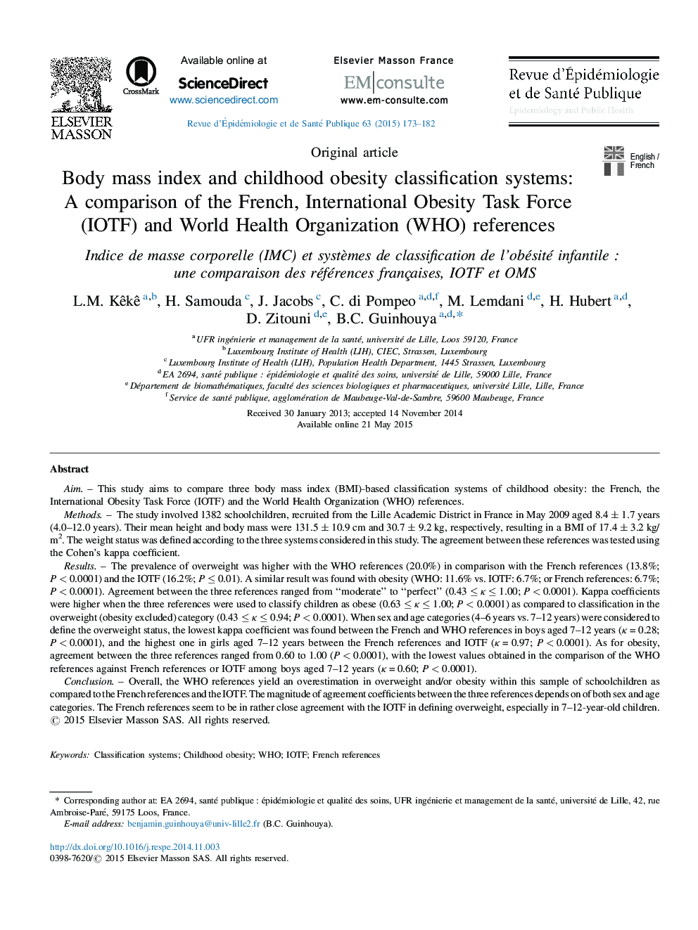 عکس صفحه اول مقاله: Body mass index and childhood obesity classification systems: A comparison of the French, International Obesity Task Force (IOTF) and World Health Organization (WHO) references Body mass index and childhood obesity classification systems: A comparison of the French, International Obesity Task Force (IOTF) and World Health Organization (WHO) references