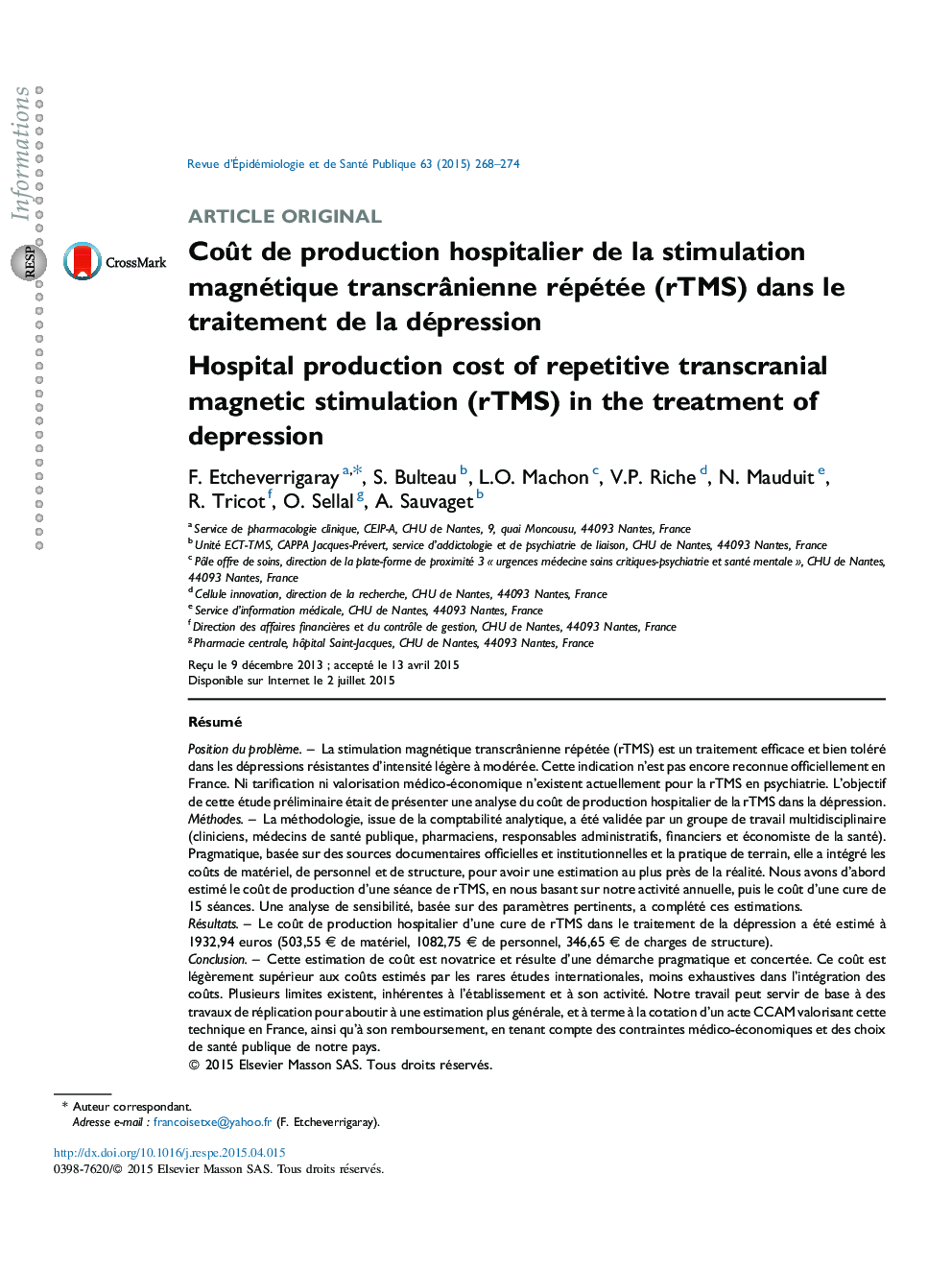 CoÃ»t de production hospitalier de la stimulation magnétique transcrÃ¢nienne répétée (rTMS) dans le traitement de la dépression