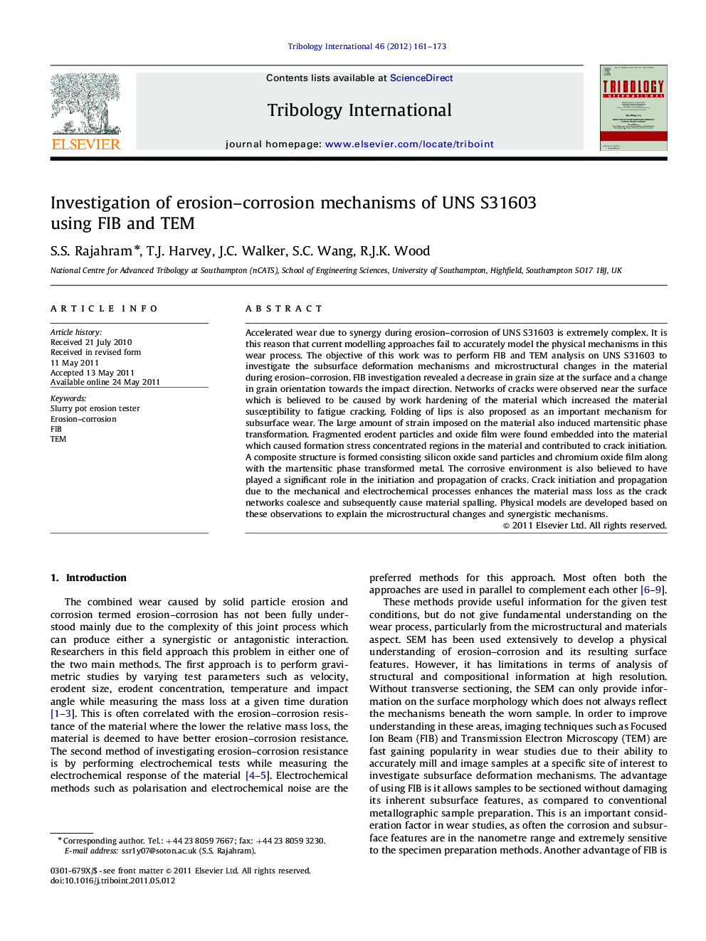 Investigation of erosion-corrosion mechanisms of UNS S31603 using FIB and TEM