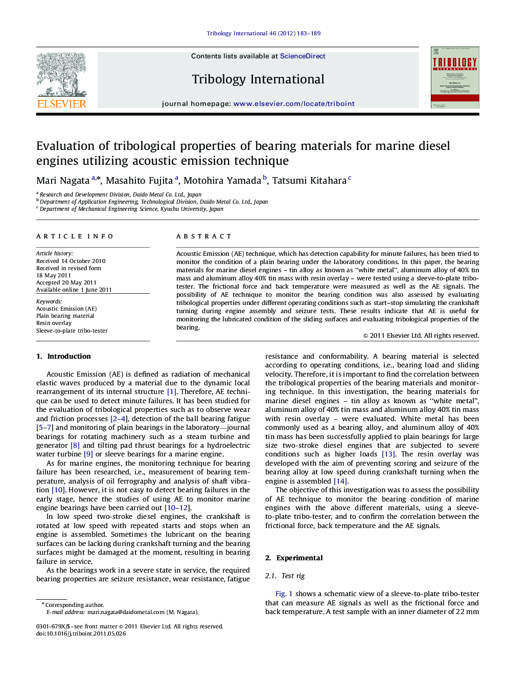 Evaluation of tribological properties of bearing materials for marine diesel engines utilizing acoustic emission technique