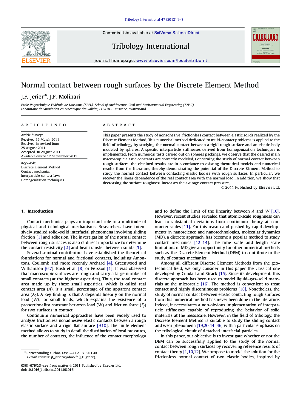 Normal contact between rough surfaces by the Discrete Element Method