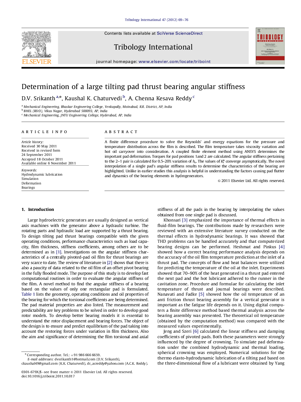 Determination of a large tilting pad thrust bearing angular stiffness