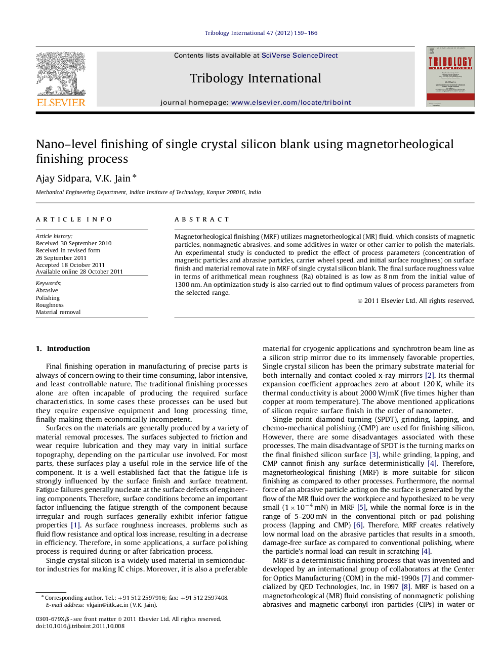 Nano-level finishing of single crystal silicon blank using magnetorheological finishing process