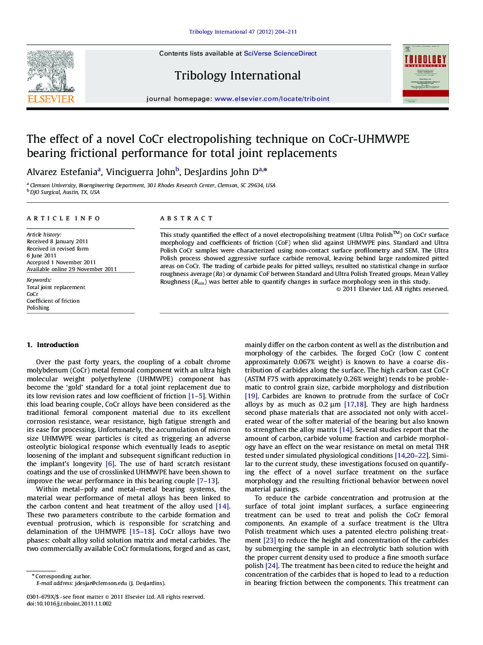 The effect of a novel CoCr electropolishing technique on CoCr-UHMWPE bearing frictional performance for total joint replacements