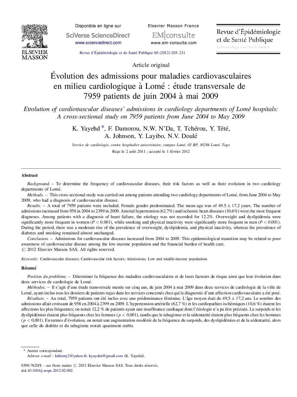 Ãvolution des admissions pour maladies cardiovasculaires en milieu cardiologique Ã  LoméÂ : étude transversale de 7959Â patients de juin 2004Â Ã  mai 2009