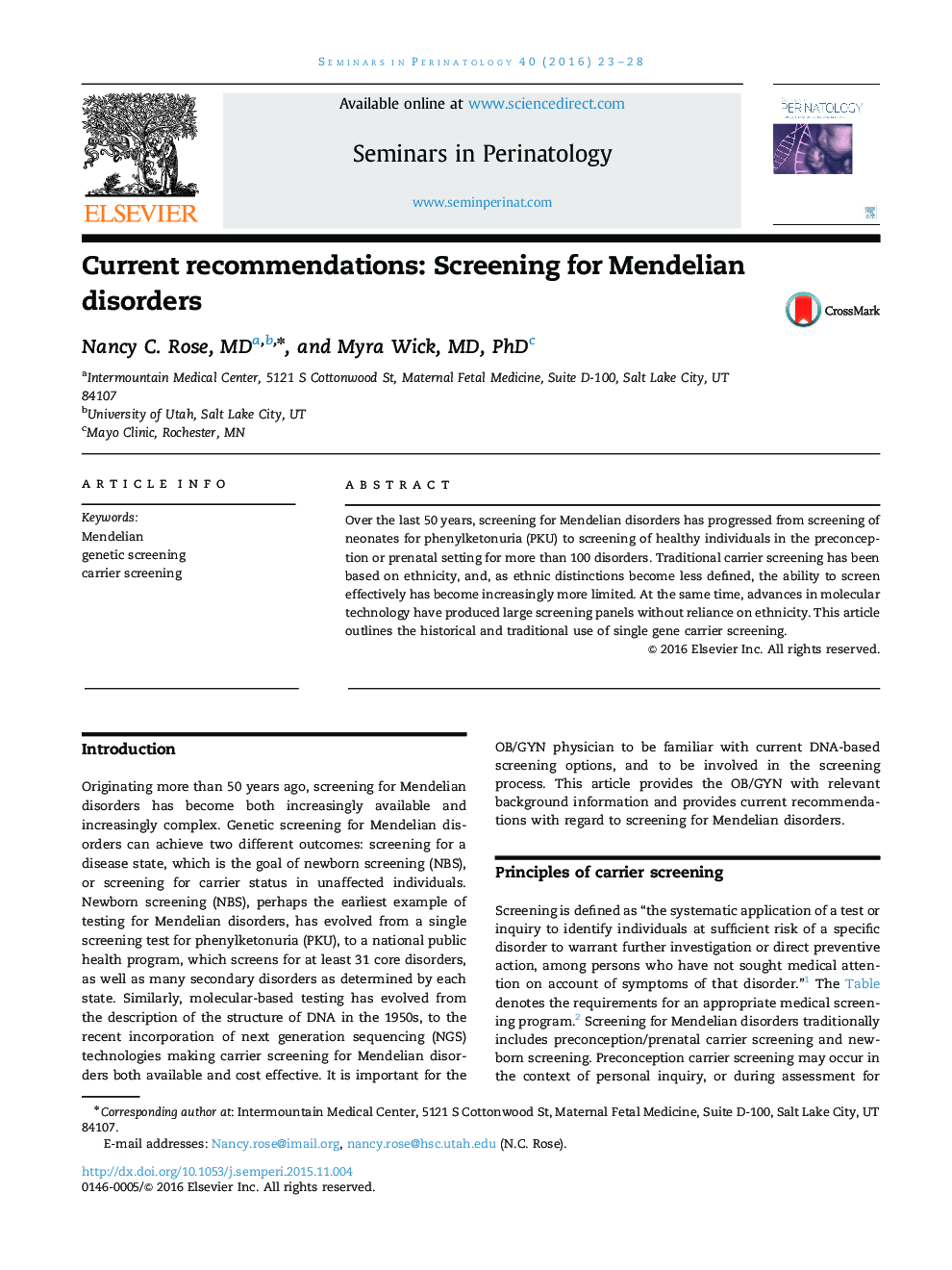 Current recommendations: Screening for Mendelian disorders