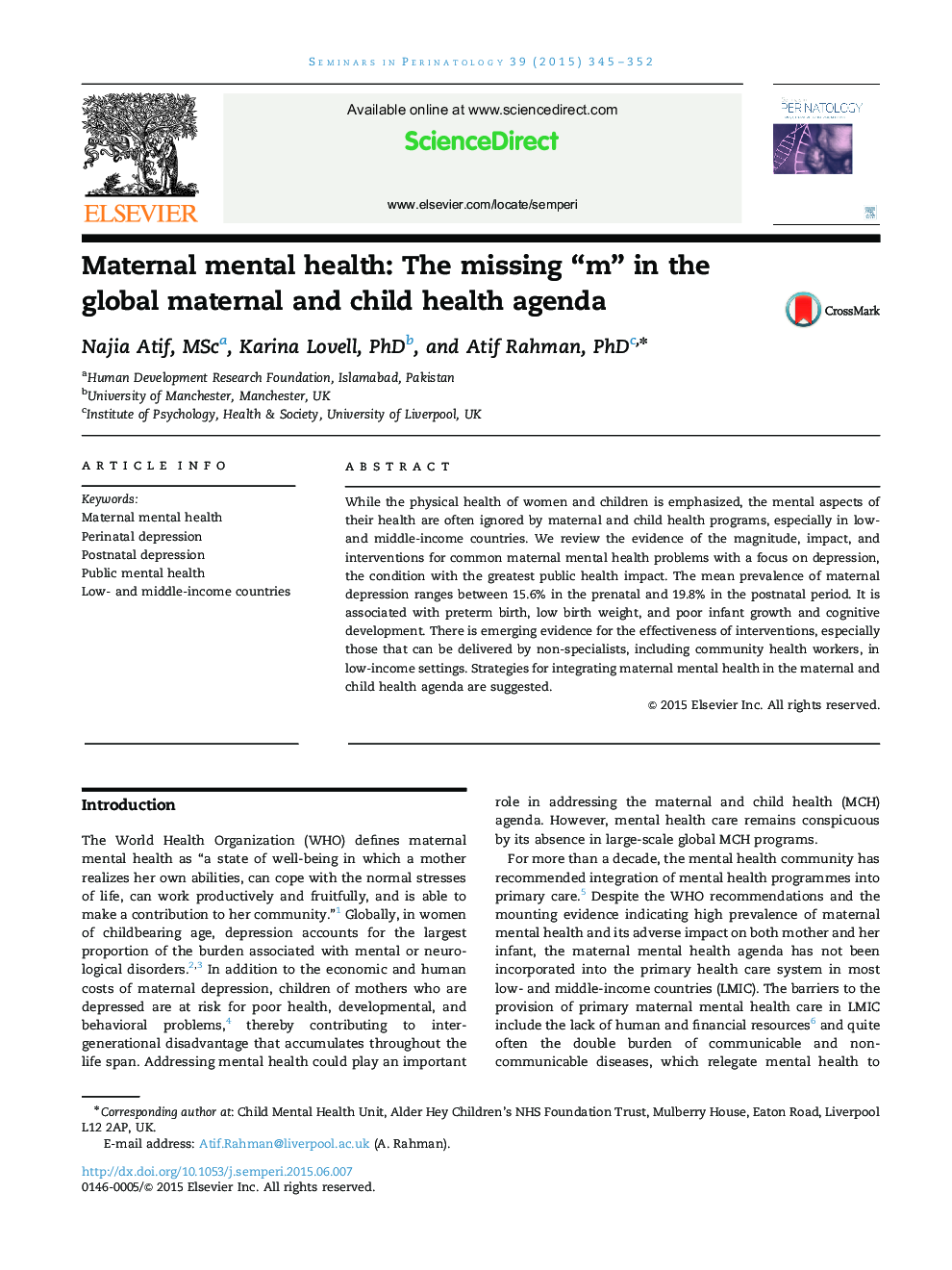 Maternal mental health: The missing “m” in the global maternal and child health agenda