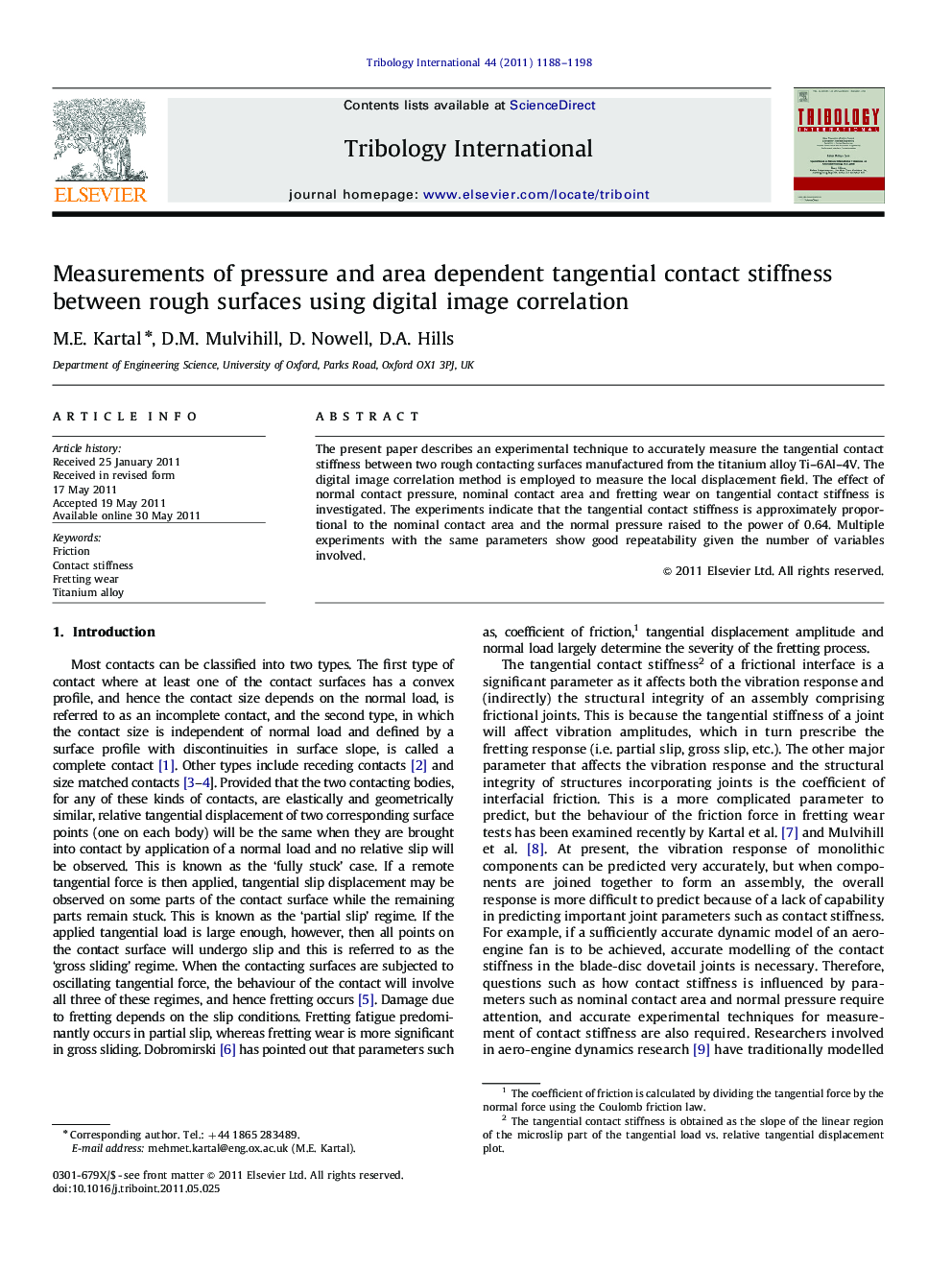 Measurements of pressure and area dependent tangential contact stiffness between rough surfaces using digital image correlation