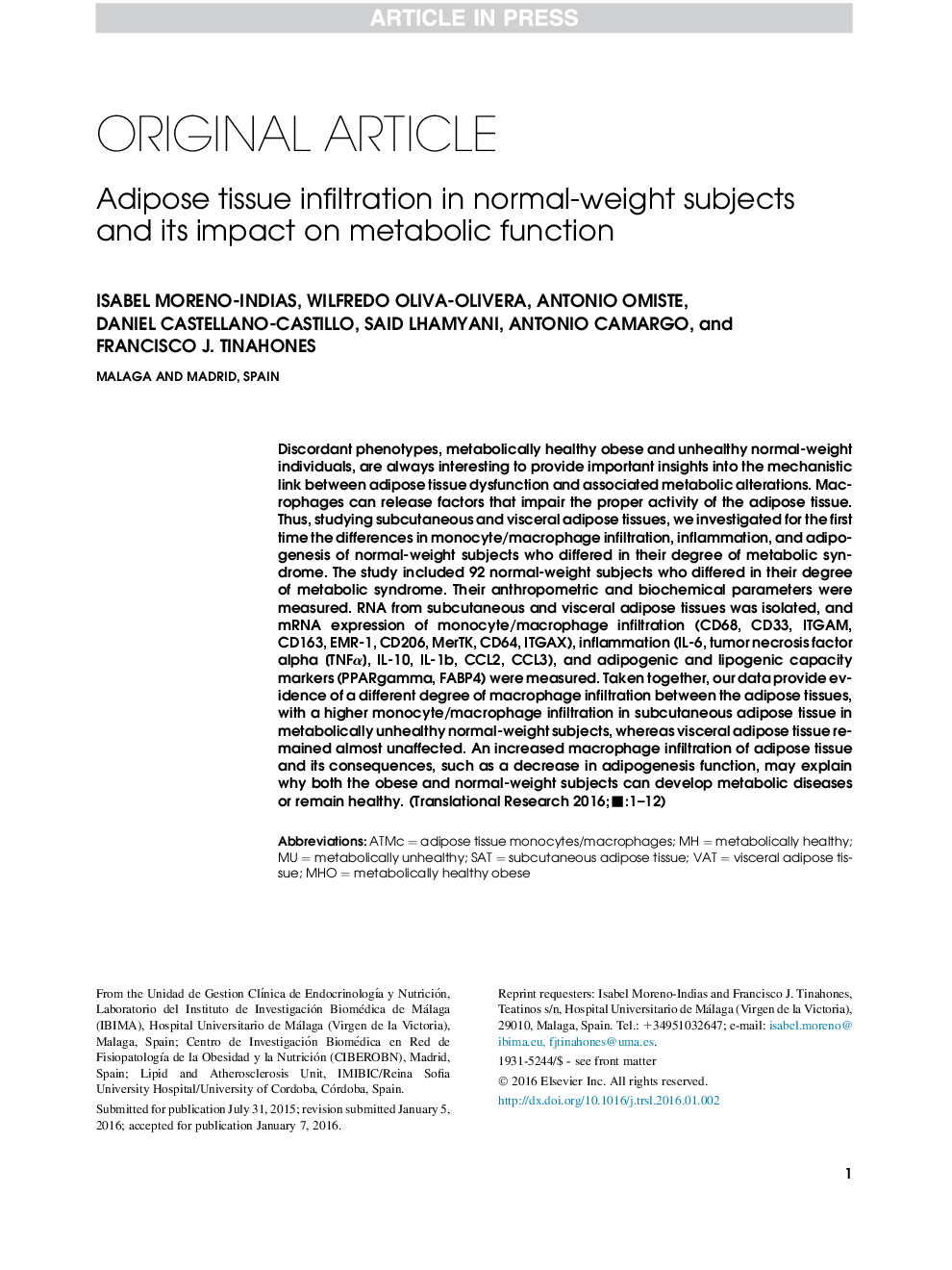 Adipose tissue infiltration in normal-weight subjects and its impact on metabolic function