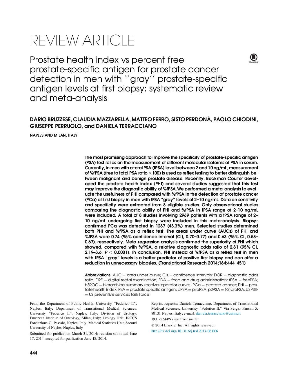 Prostate health index vs percent free prostate-specific antigen for prostate cancer detection in men with “gray” prostate-specific antigen levels at first biopsy: systematic review and meta-analysis