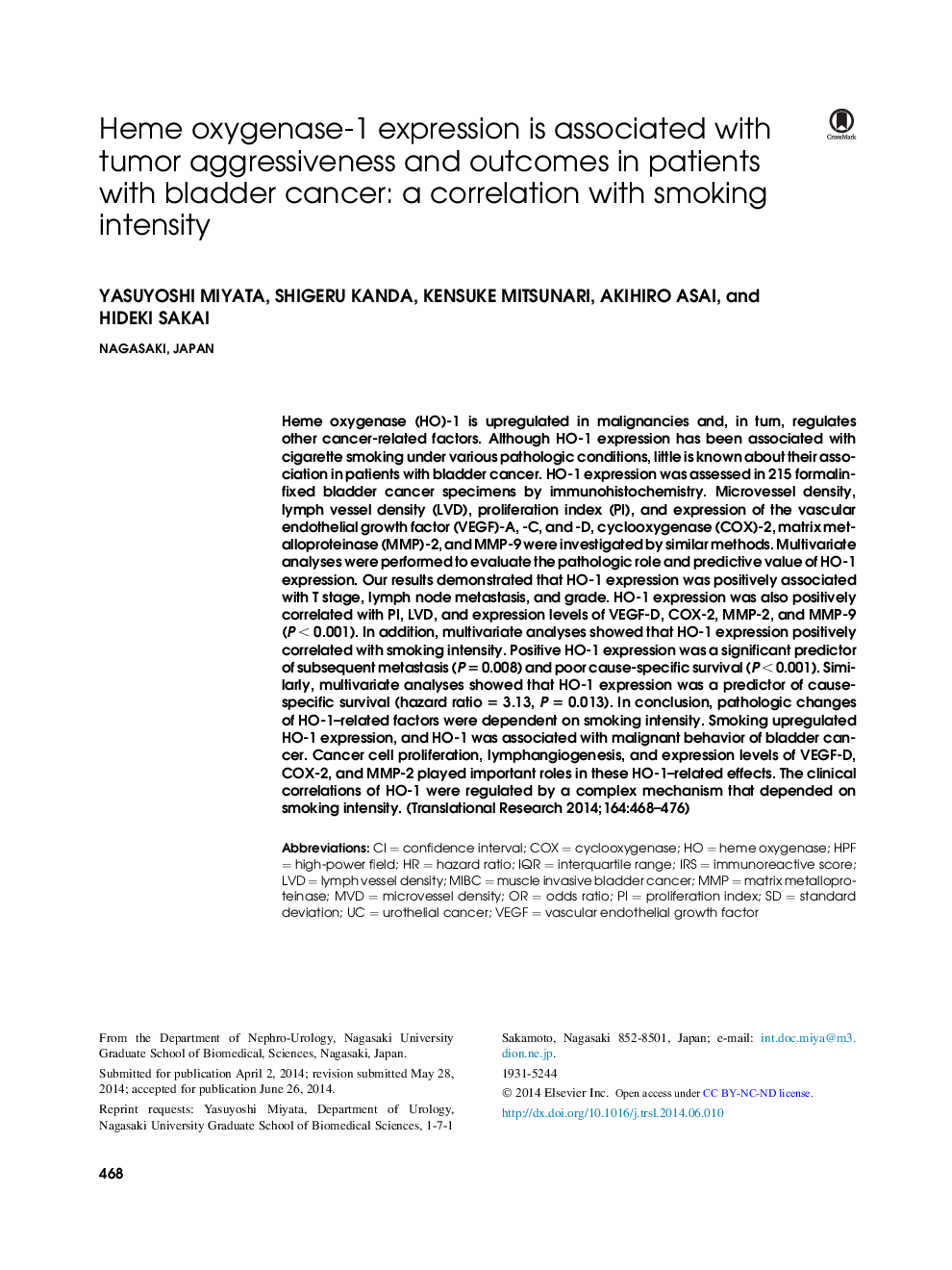 Heme oxygenase-1 expression is associated with tumor aggressiveness and outcomes in patients with bladder cancer: a correlation with smoking intensity