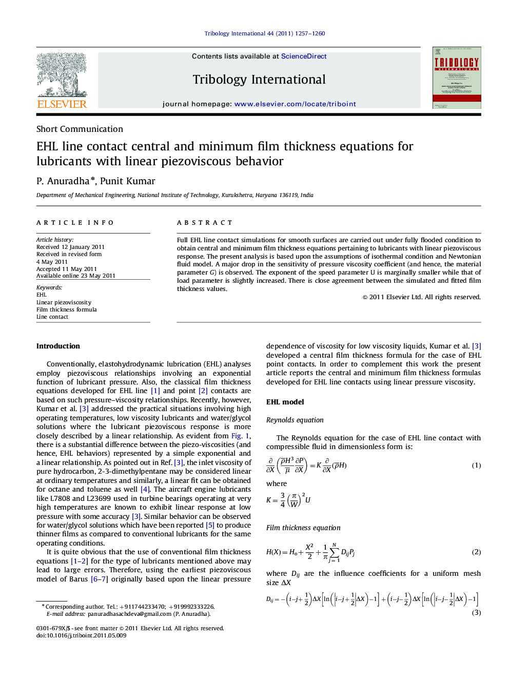 EHL line contact central and minimum film thickness equations for lubricants with linear piezoviscous behavior