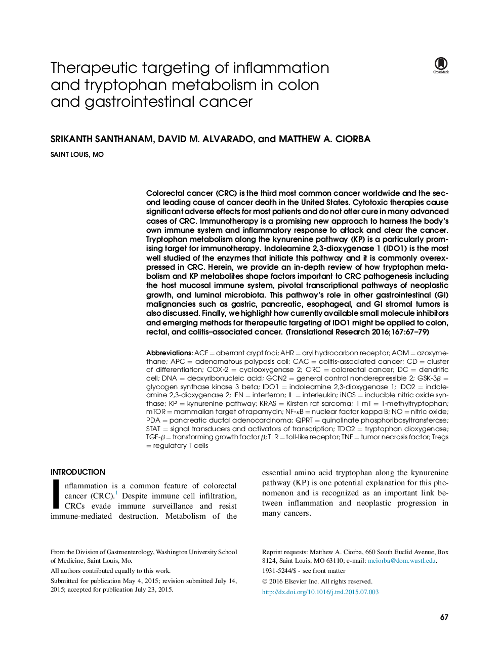 هدف قرار دادن درمان التهاب و متابولیسم تریپتوفان در سرطان روده بزرگ و روده 