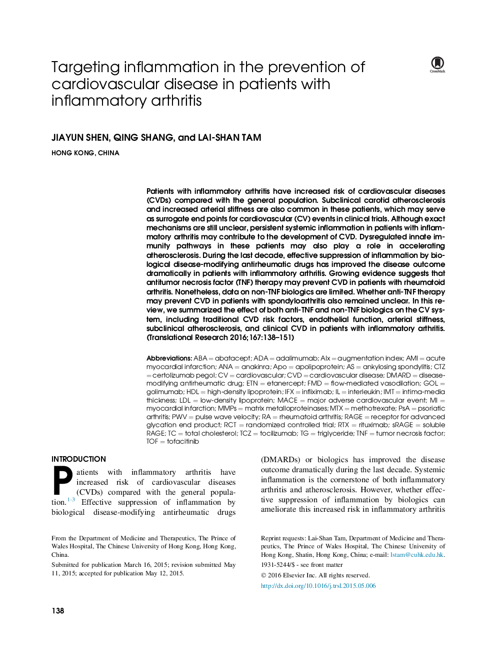 Targeting inflammation in the prevention of cardiovascular disease in patients with inflammatory arthritis