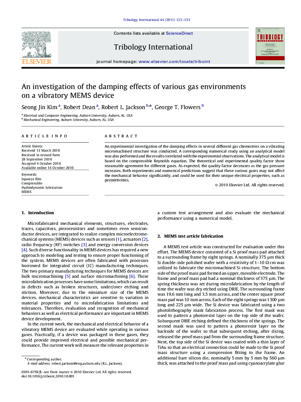 An investigation of the damping effects of various gas environments on a vibratory MEMS device