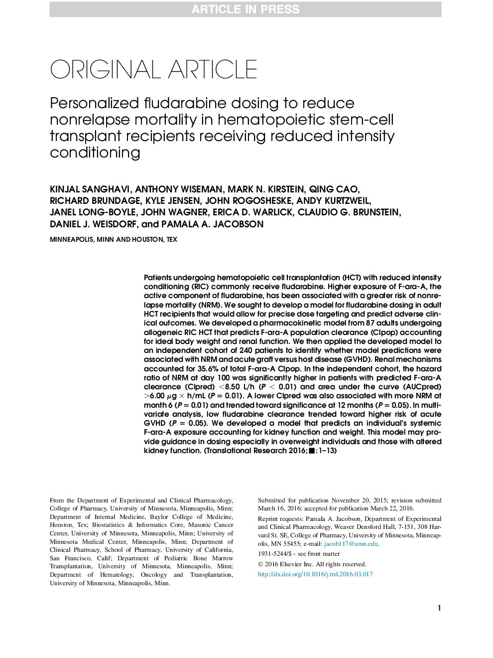 Personalized fludarabine dosing to reduce nonrelapse mortality in hematopoietic stem-cell transplant recipients receiving reduced intensity conditioning