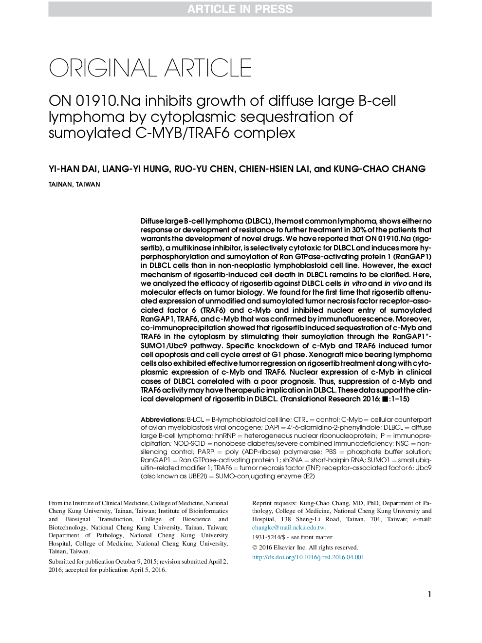 ON 01910.Na inhibits growth of diffuse large B-cell lymphoma by cytoplasmic sequestration of sumoylated C-MYB/TRAF6 complex