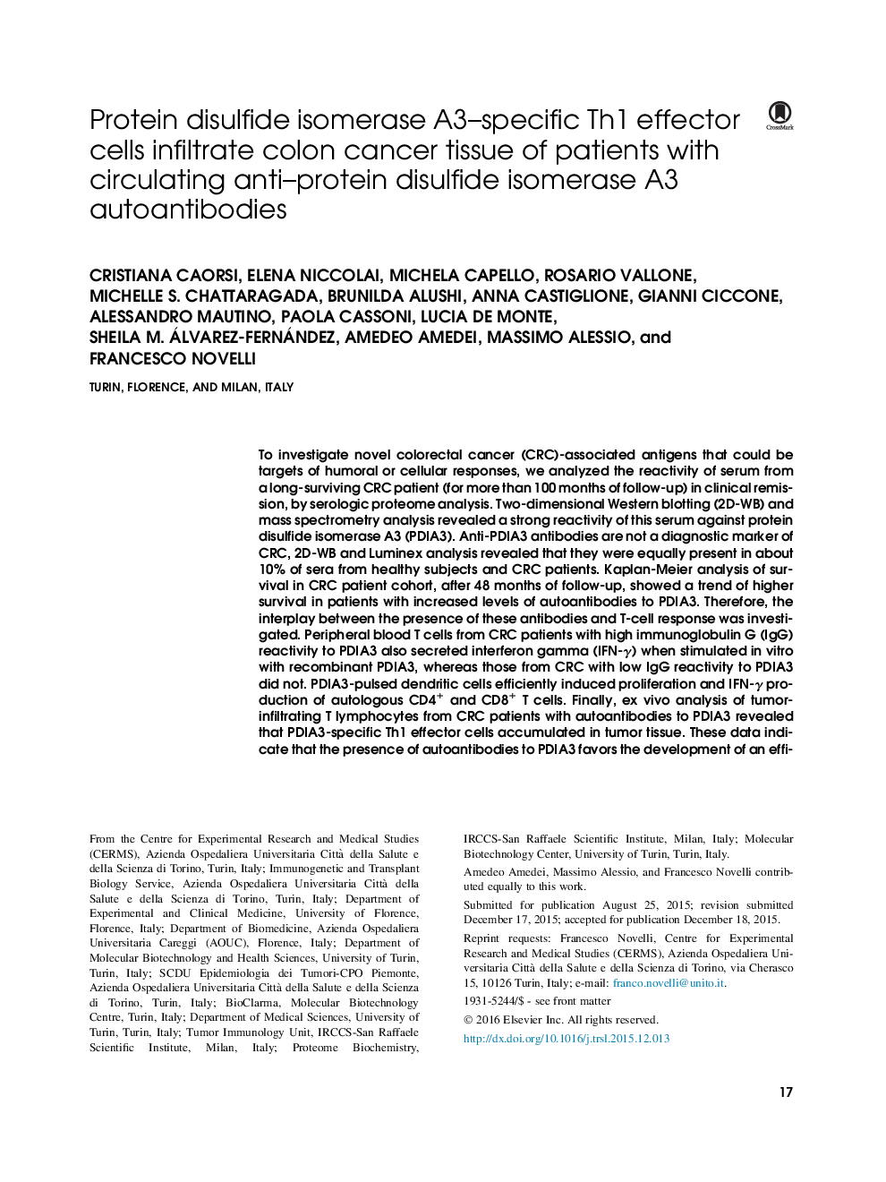 Protein disulfide isomerase A3-specific Th1 effector cells infiltrate colon cancer tissue of patients with circulating anti-protein disulfide isomerase A3 autoantibodies