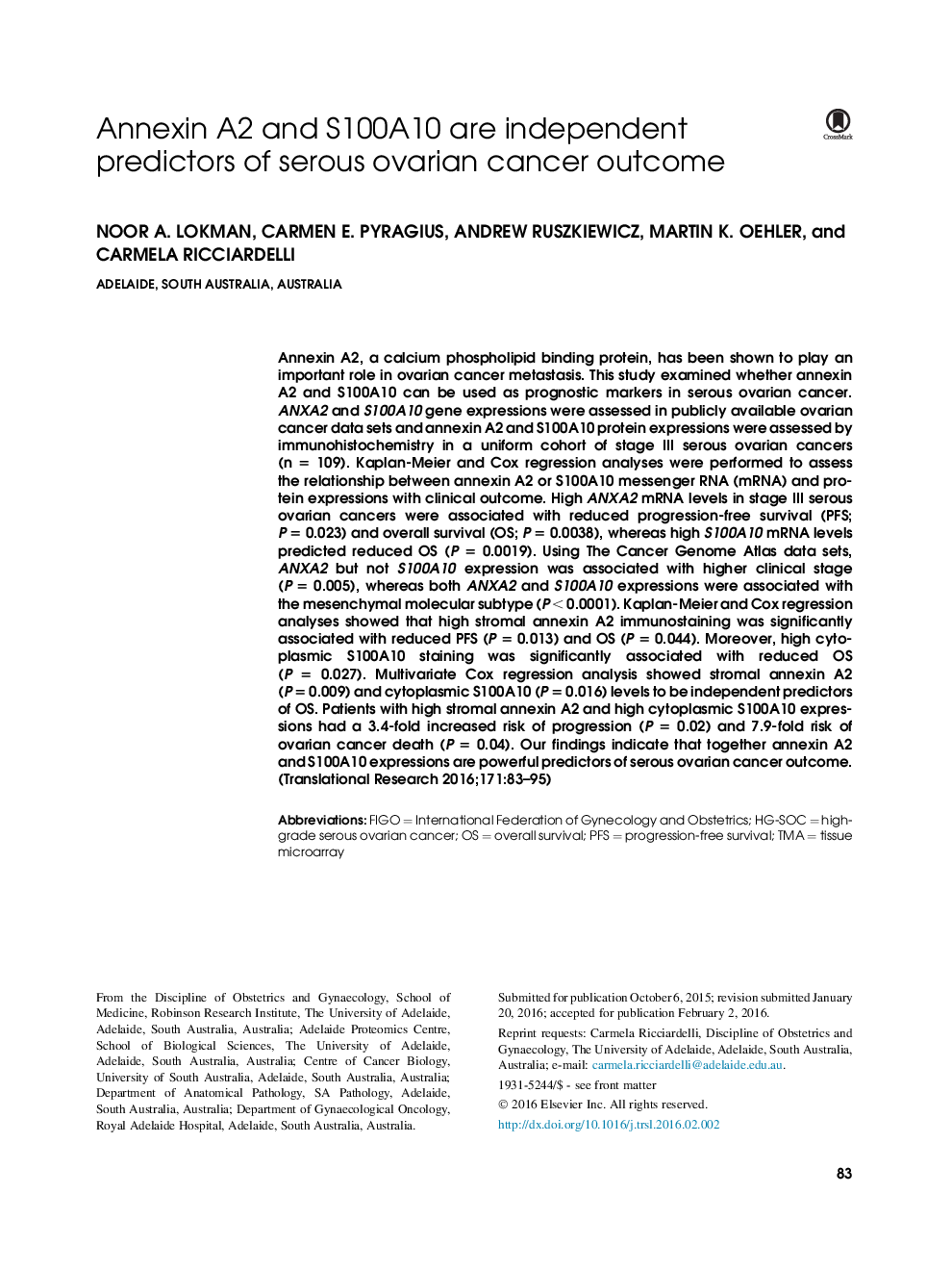 Annexin A2 and S100A10 are independent predictors of serous ovarian cancer outcome