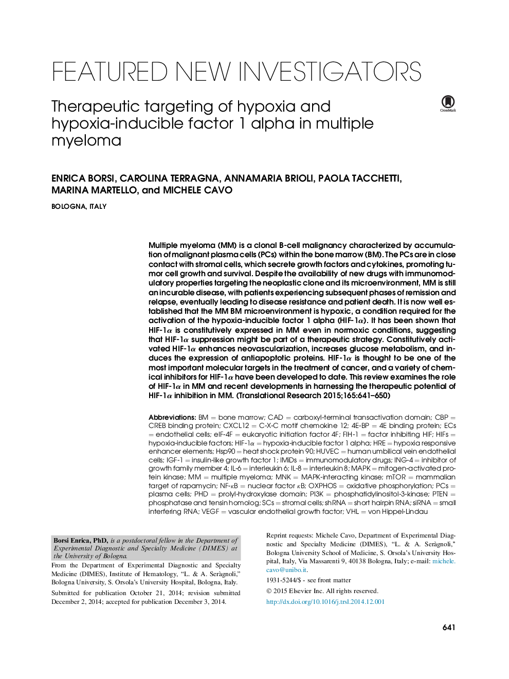 Therapeutic targeting of hypoxia and hypoxia-inducible factor 1 alpha in multiple myeloma