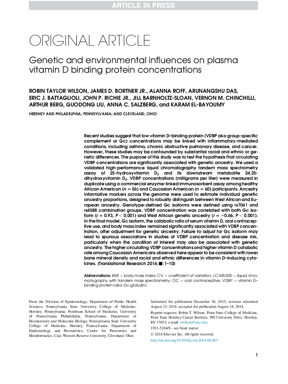 Genetic and environmental influences on plasma vitamin D binding protein concentrations