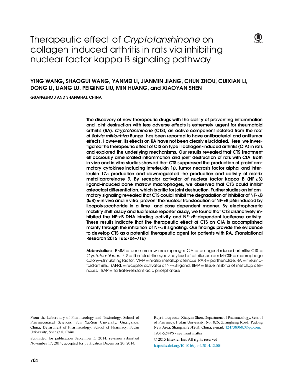 Therapeutic effect of Cryptotanshinone on collagen-induced arthritis in rats via inhibiting nuclear factor kappa B signaling pathway