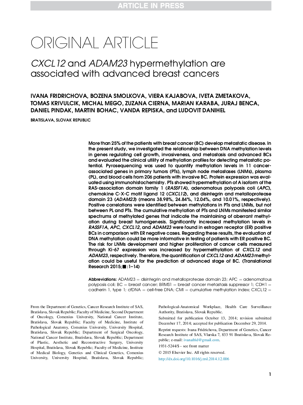 CXCL12 and ADAM23 hypermethylation are associated with advanced breast cancers