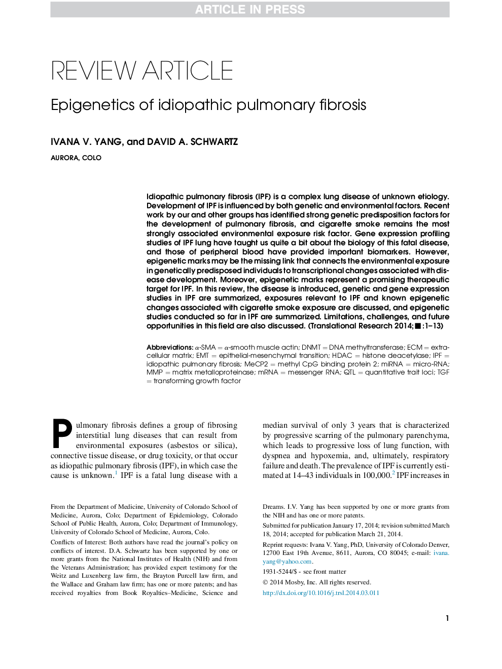 Epigenetics of idiopathic pulmonary fibrosis