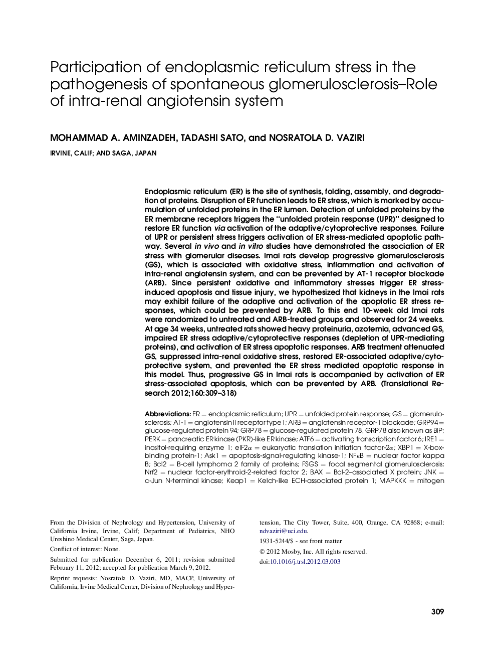 Participation of endoplasmic reticulum stress in the pathogenesis of spontaneous glomerulosclerosis-Role of intra-renal angiotensin system