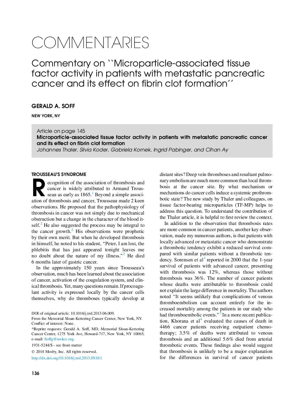 Commentary on “Microparticle-associated tissue factor activity in patients with metastatic pancreatic cancer and its effect on fibrin clot formation”