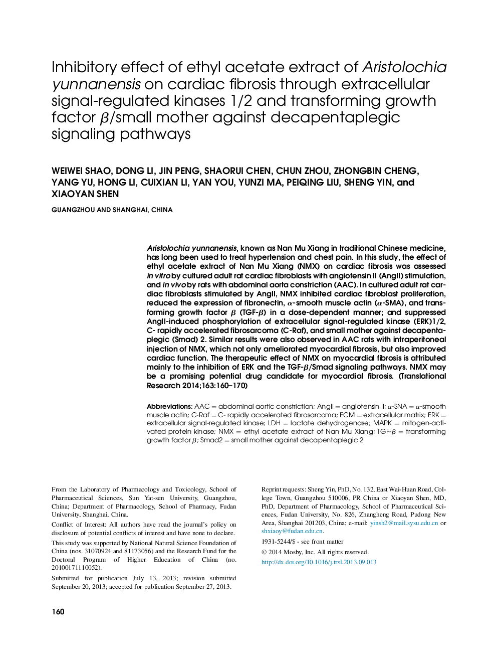 Original ArticleInhibitory effect of ethyl acetate extract of Aristolochia yunnanensis on cardiac fibrosis through extracellular signal-regulated kinases 1/2 and transforming growth factor Î²/small mother against decapentaplegic signaling pathways