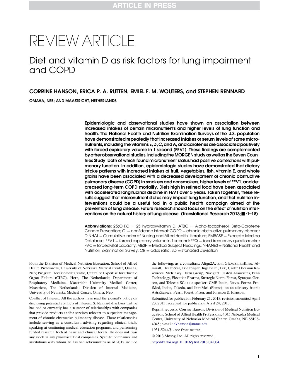 Diet and vitamin D as risk factors for lung impairment and COPD