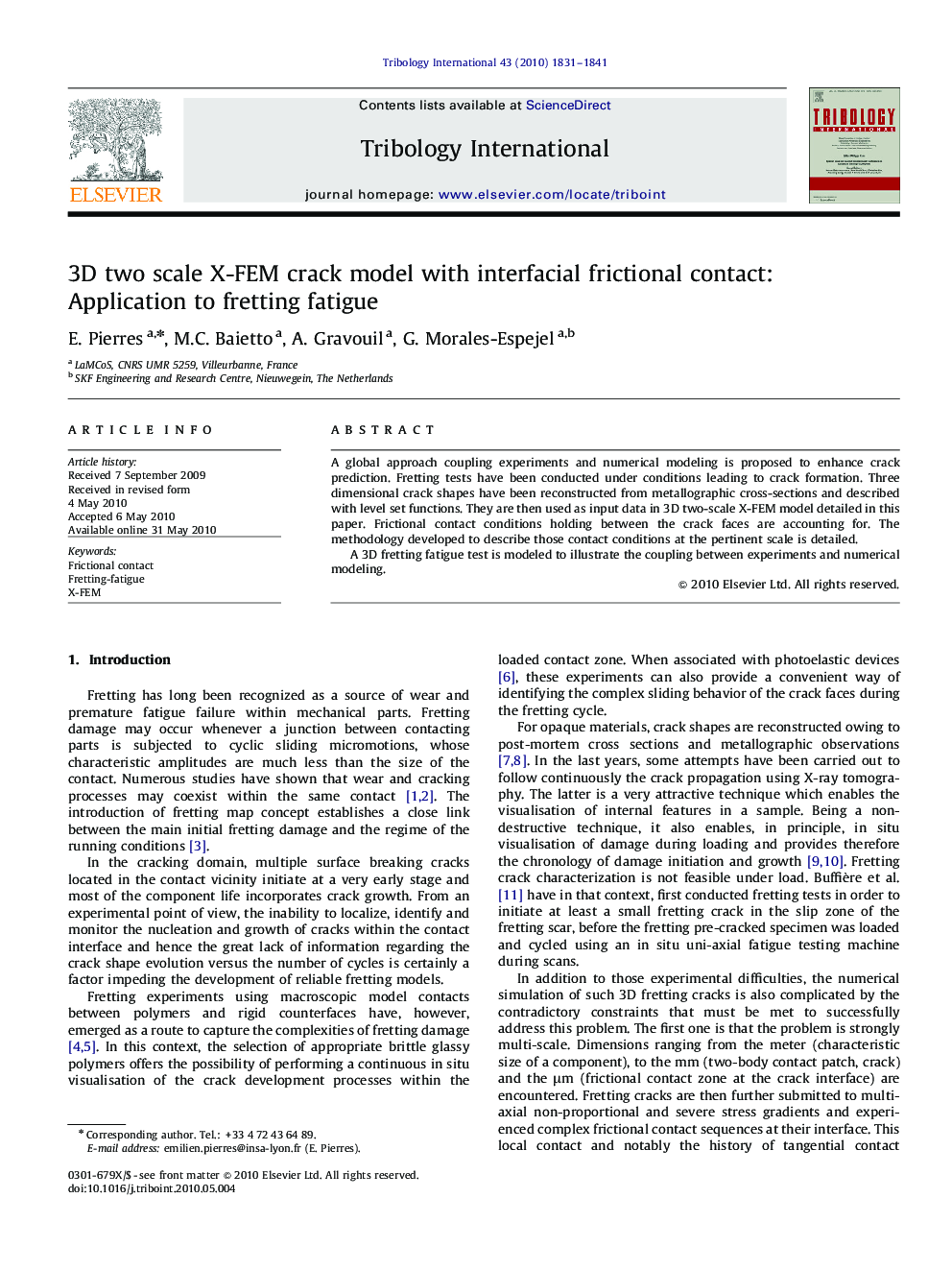 3D two scale X-FEM crack model with interfacial frictional contact: Application to fretting fatigue