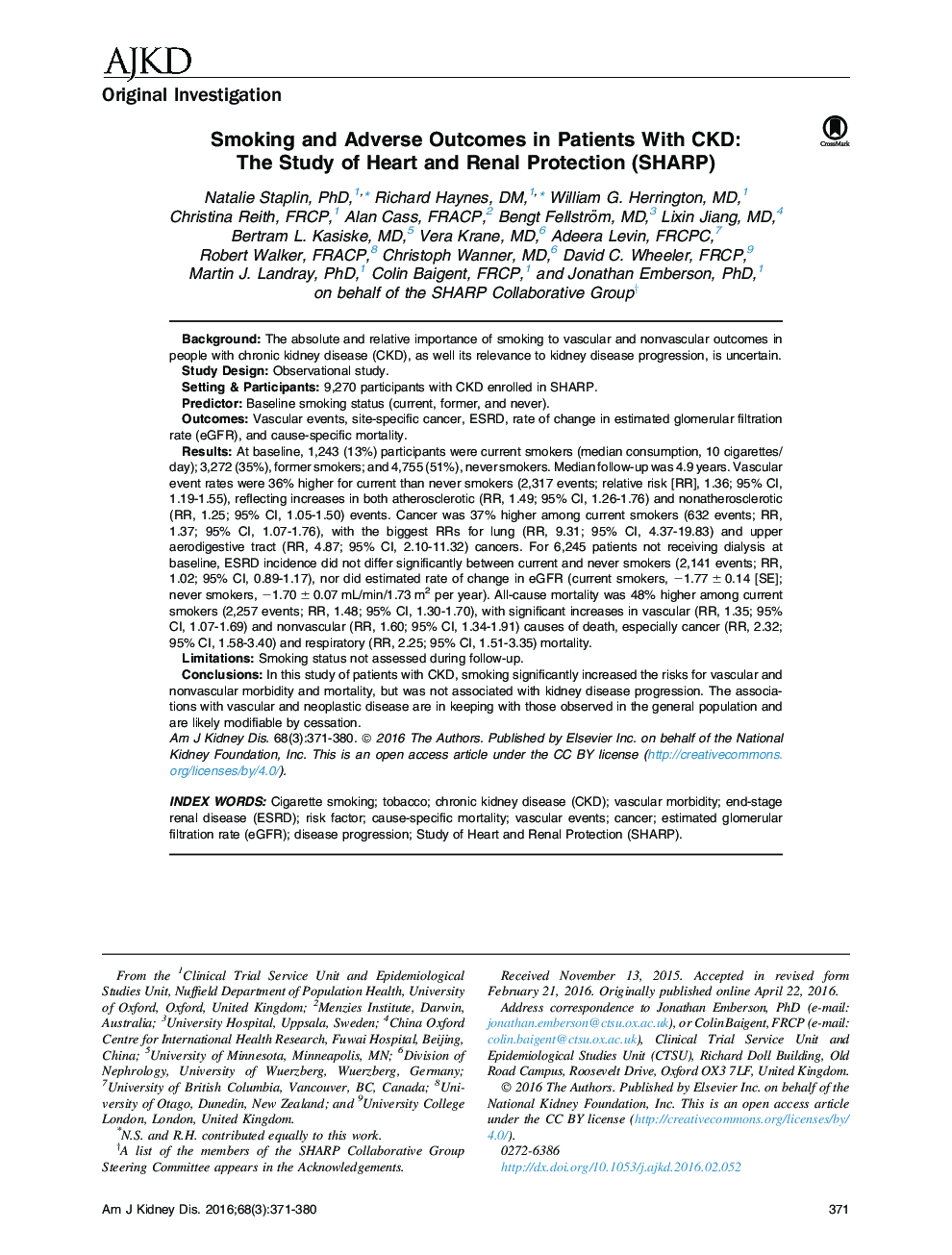 Smoking and Adverse Outcomes in Patients With CKD: The Study of Heart and Renal Protection (SHARP)