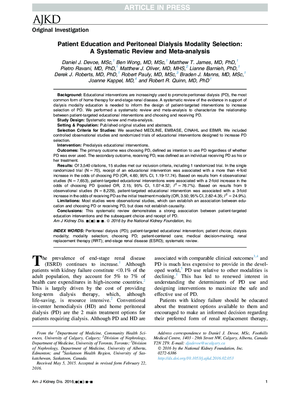 Patient Education and Peritoneal Dialysis Modality Selection: A Systematic Review and Meta-analysis