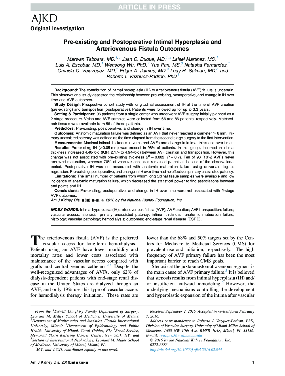 Pre-existing and Postoperative Intimal Hyperplasia and Arteriovenous Fistula Outcomes