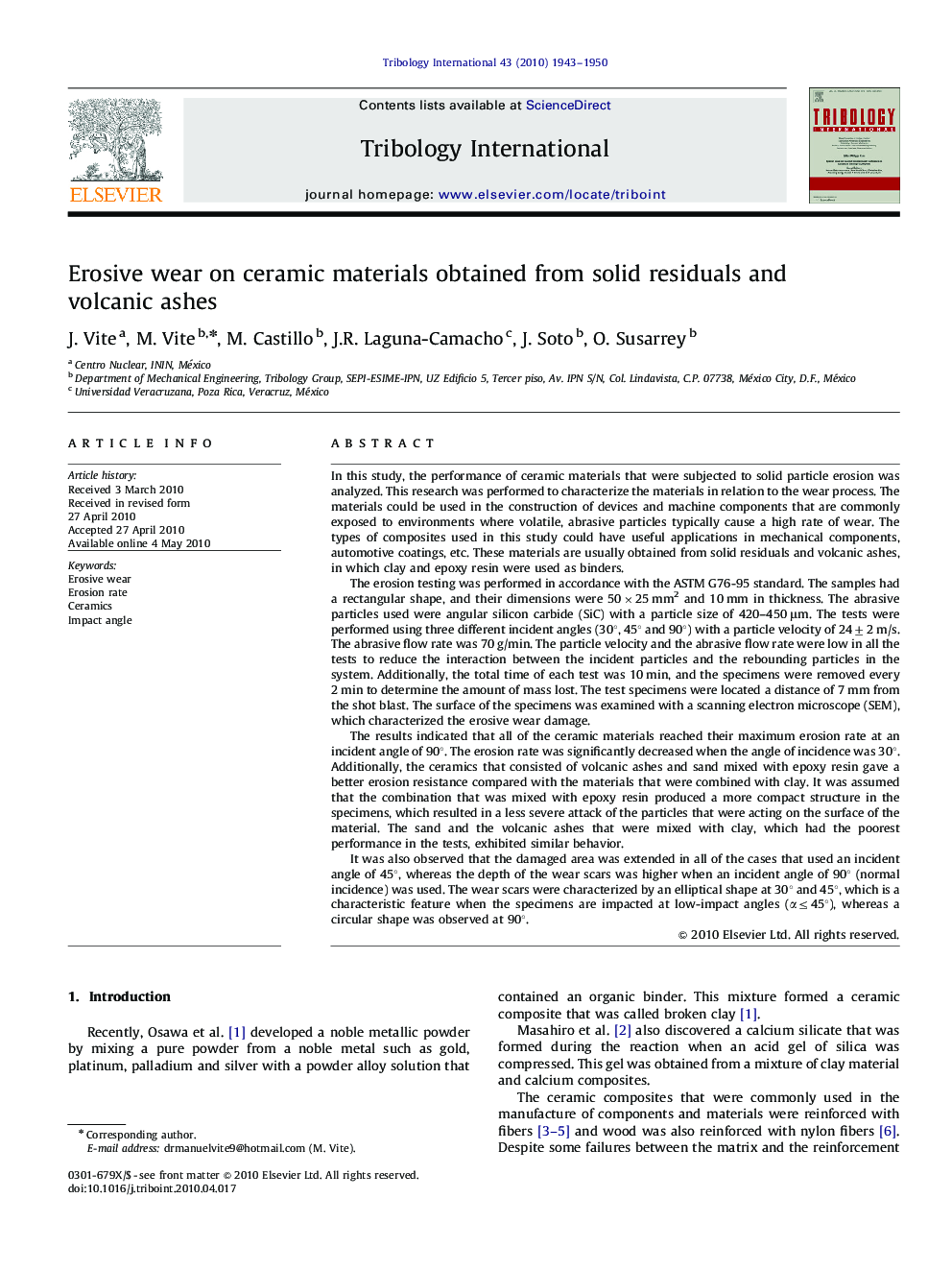 Erosive wear on ceramic materials obtained from solid residuals and volcanic ashes