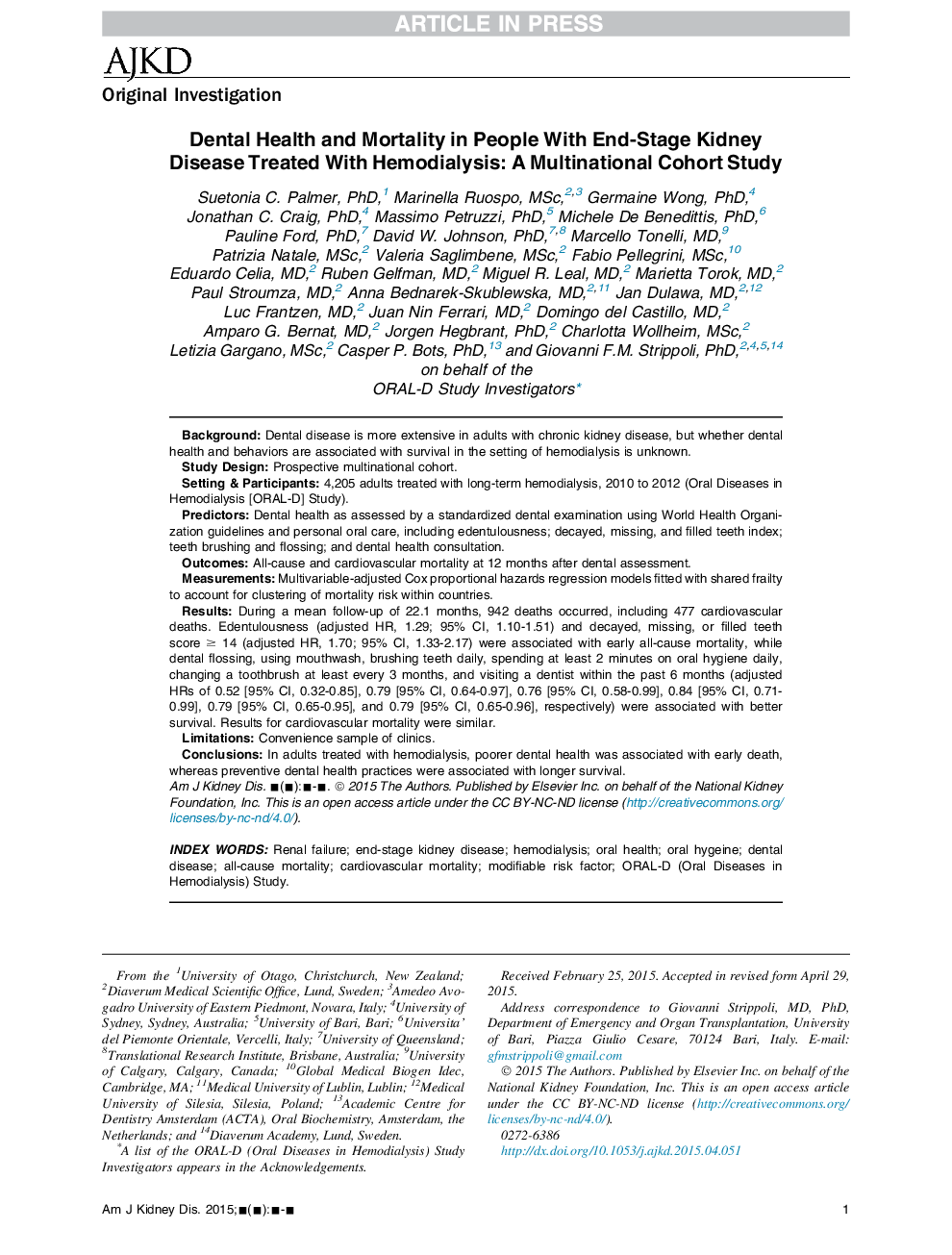 Dental Health and Mortality in People With End-Stage Kidney Disease Treated With Hemodialysis: A Multinational Cohort Study