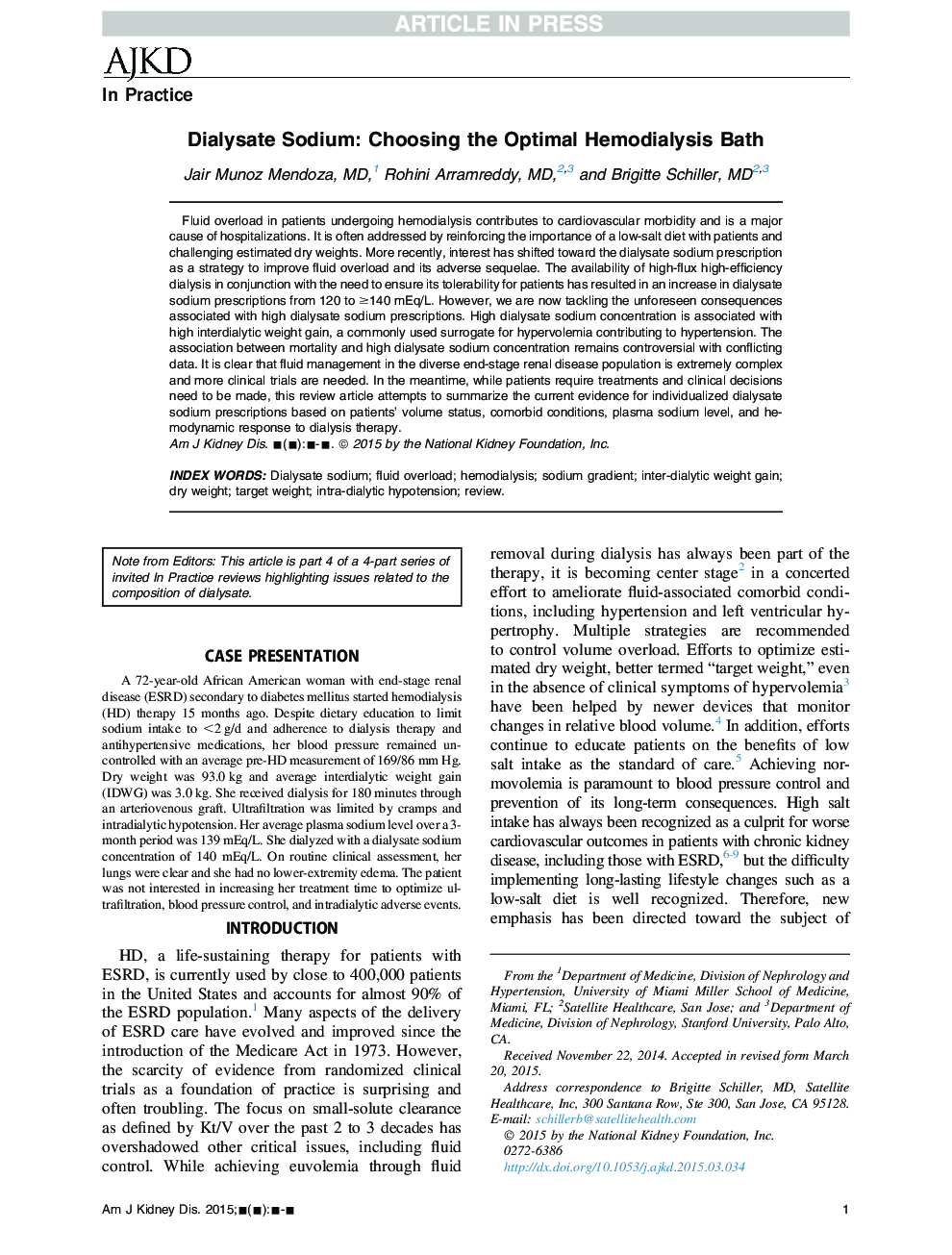 Dialysate Sodium: Choosing the Optimal Hemodialysis Bath