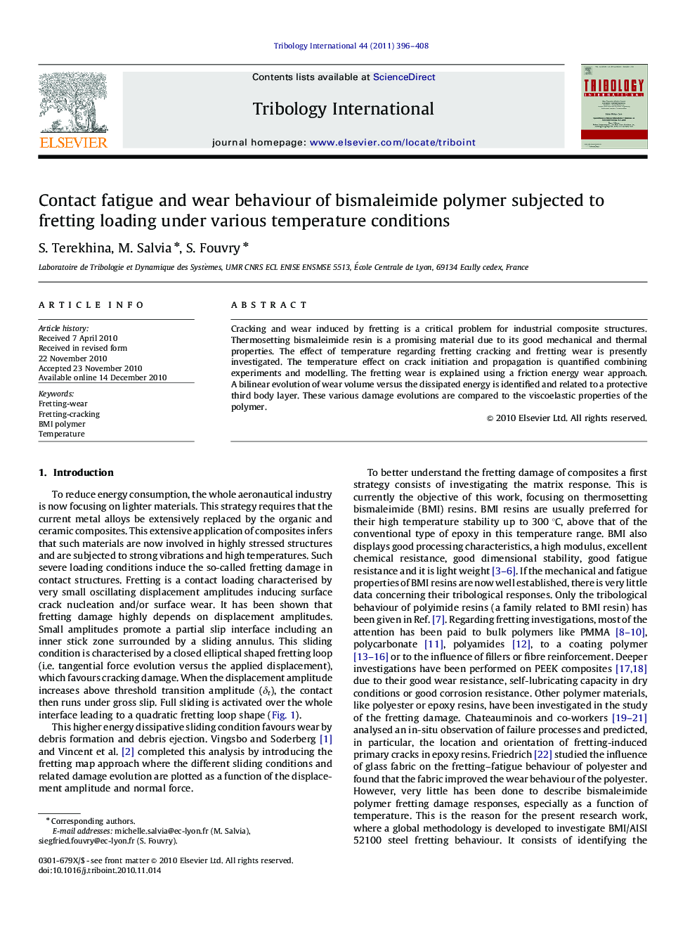 Contact fatigue and wear behaviour of bismaleimide polymer subjected to fretting loading under various temperature conditions