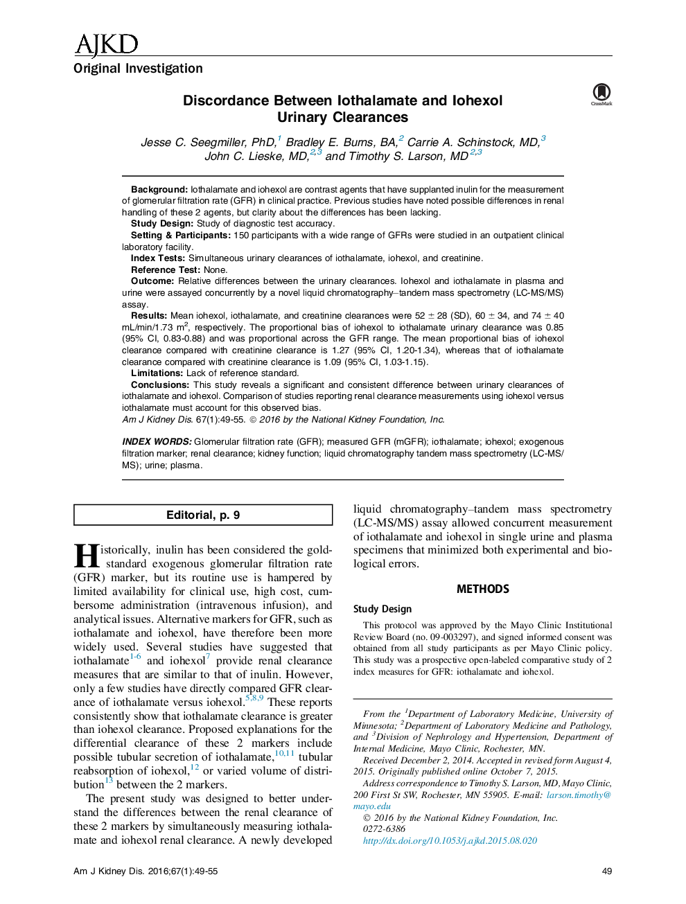 Discordance Between Iothalamate and Iohexol UrinaryÂ Clearances