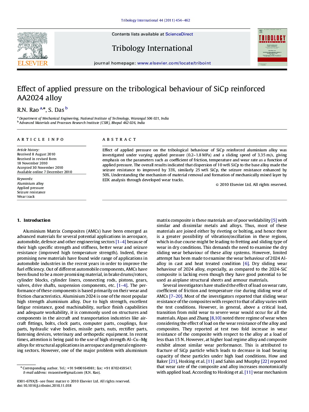 Effect of applied pressure on the tribological behaviour of SiCp reinforced AA2024 alloy