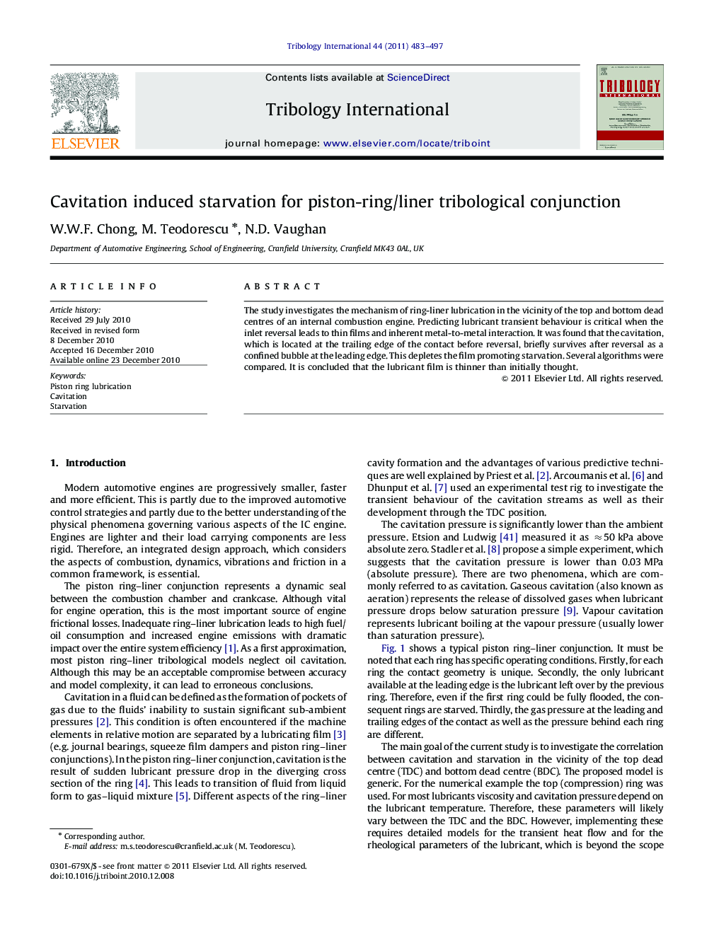 Cavitation induced starvation for piston-ring/liner tribological conjunction