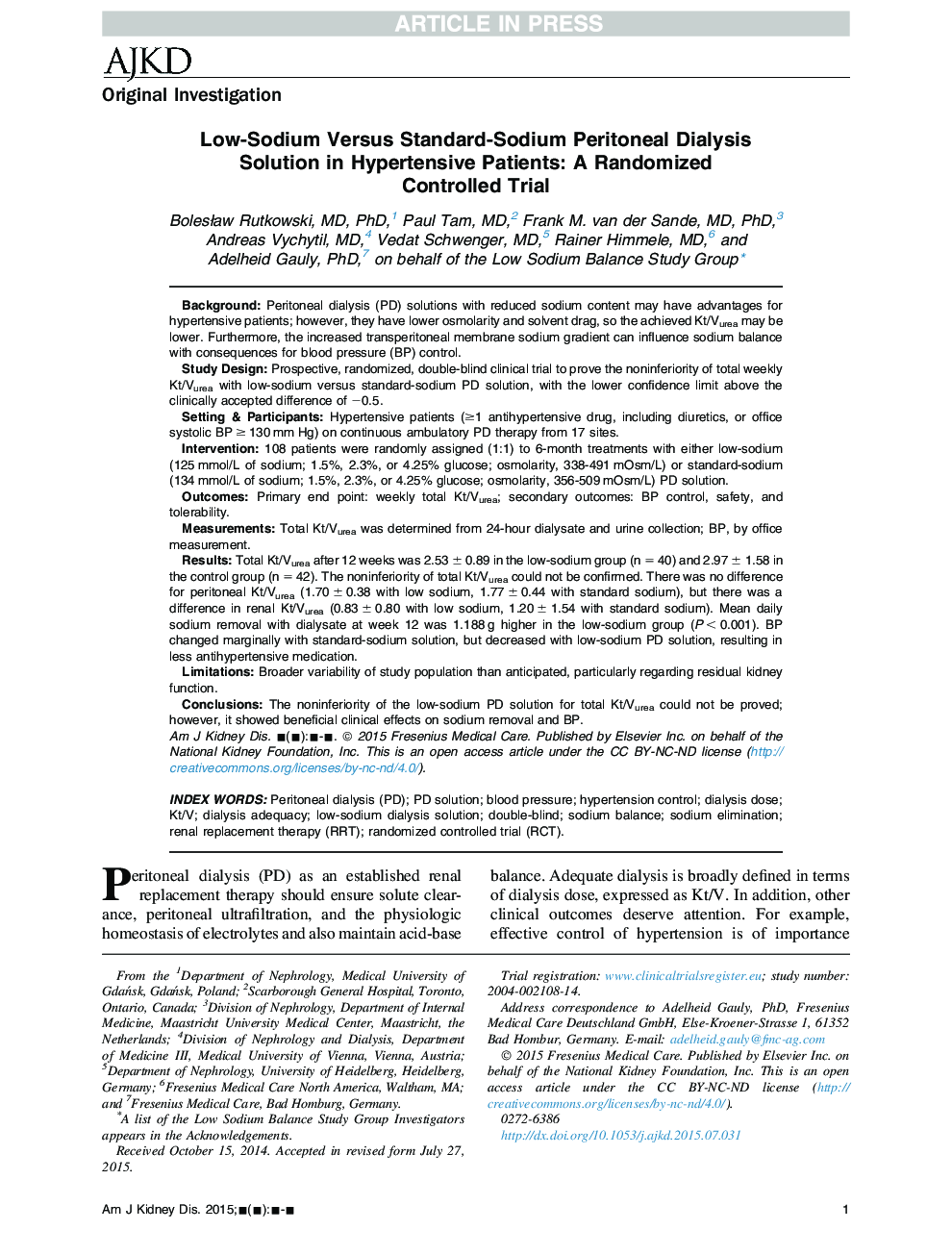 Low-Sodium Versus Standard-Sodium Peritoneal Dialysis Solution in Hypertensive Patients: A Randomized Controlled Trial