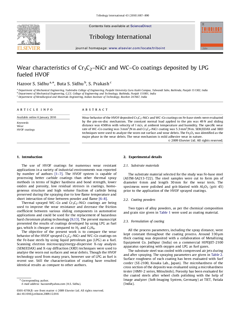 Wear characteristics of Cr3C2–NiCr and WC–Co coatings deposited by LPG fueled HVOF