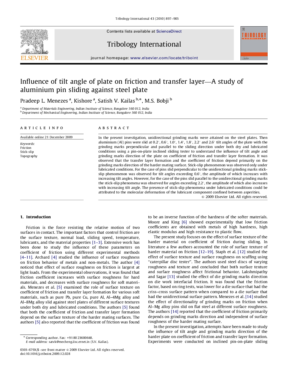 Influence of tilt angle of plate on friction and transfer layer—A study of aluminium pin sliding against steel plate